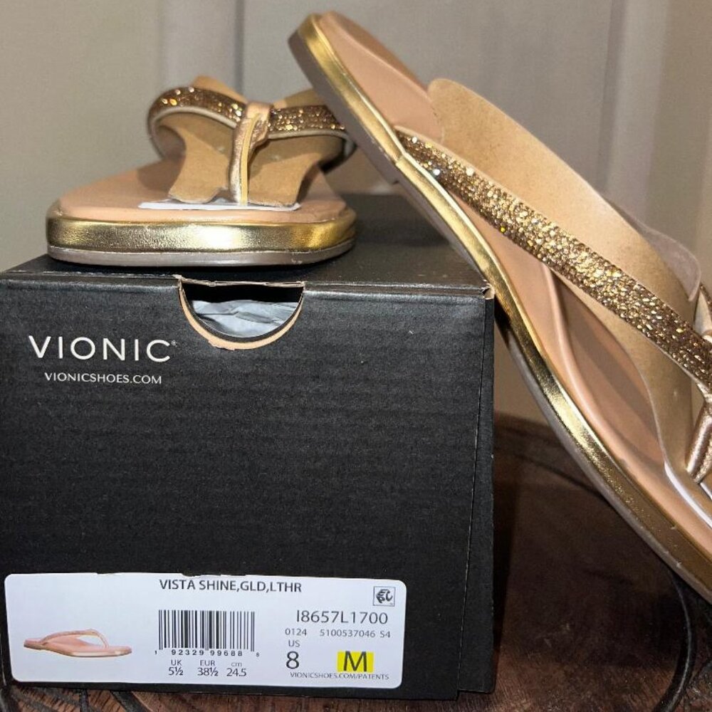 Vionic Vista Shine Toe Post Gold Sandal Size 8